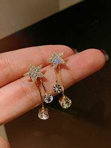 Star Detail Cubic Zirconia Drop Earrings - Yellow Gold - View 2