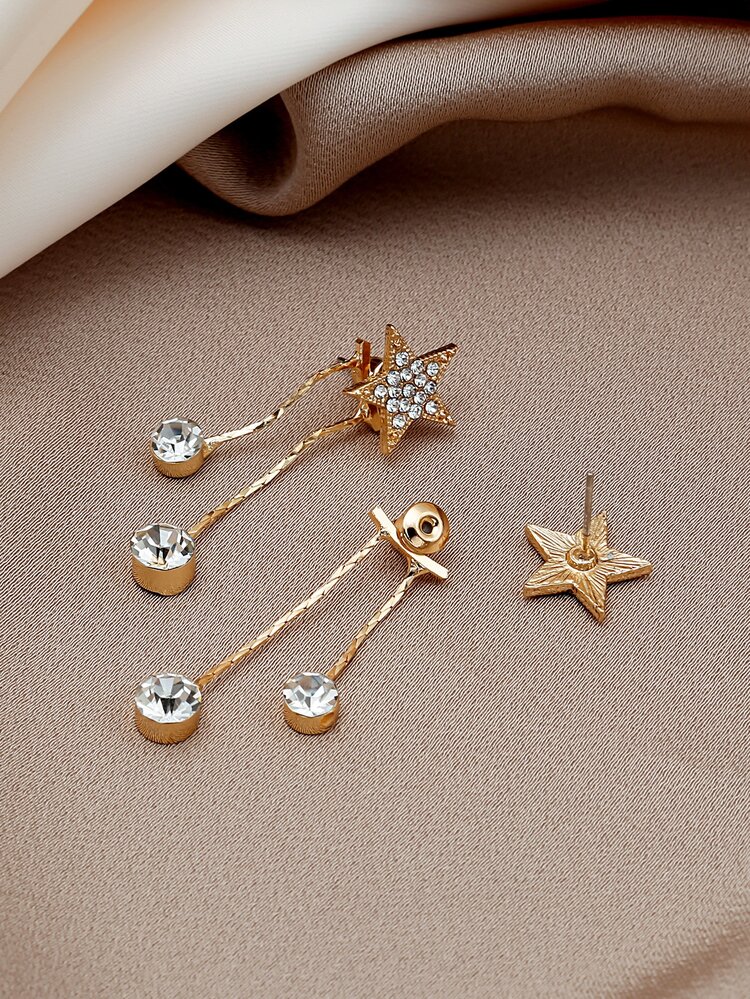 Star Detail Cubic Zirconia Drop Earrings - Yellow Gold - View 4