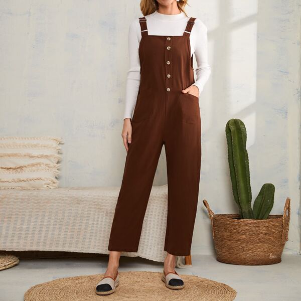 

Dual Pocket Half Button Pinafore Jumpsuit, Brown