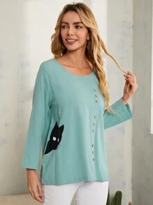 Blusa con estampado de dibujos animados con botón delantero - Celeste - Ver 1