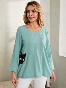 Blusa con estampado de dibujos animados con botón delantero - Celeste - Ver 3