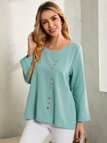 Blusa con estampado de dibujos animados con botón delantero - Celeste - Ver 5