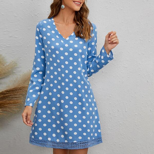 

Polka Dot Contrast Lace V Neck Dress, Blue