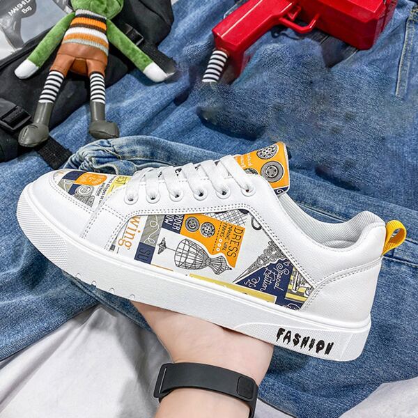 

Men Colorblock Letter Graphic Skate Shoes, White