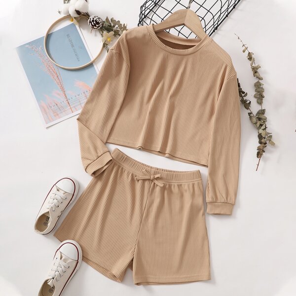 

Girls Ribbed Knit Top & Knot Front Shorts, Khaki