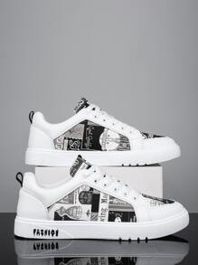 Men Letter Graphic Skate Shoes Men’S Casual Shoes - Black and White - View 1