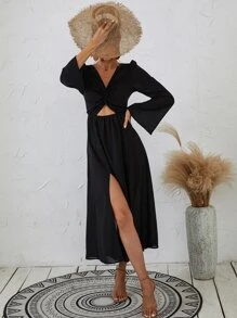 Twist Front Split Thigh Cover Up Dress, For Summer Beach Vacation