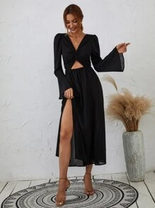 Twist Front Split Thigh Cover Up Dress, For Summer Beach Vacation