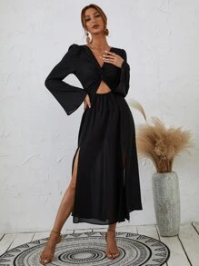 Twist Front Split Thigh Cover Up Dress, For Summer Beach Vacation