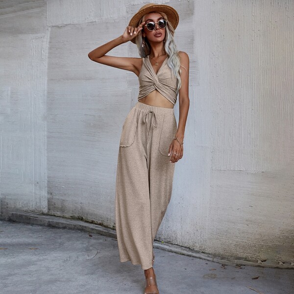 

Twist Front Crop Tank Top & Wide Leg Solid Pants, Khaki