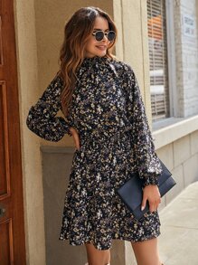 Vestido con estampado floral con fruncido de manga farol bajo con fruncido - Multicolor - Ver 5