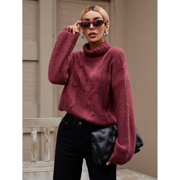 

Turtleneck Cable Knit Drop Shoulder Sweater, Burgundy