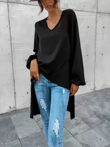 SHEIN LUNE V-neck High Low Hem Blouse