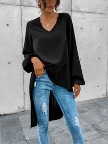 SHEIN LUNE V-neck High Low Hem Blouse