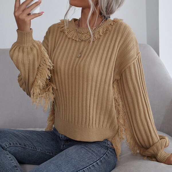 

Fringe Trim Drop Shoulder Ribbed Knit Sweater, Apricot
