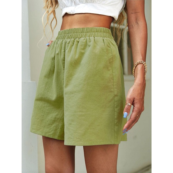 

Slant Pocket Wide Leg Solid Shorts, Lime green