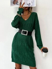 SHEIN Unity Cable Knit Drop Shoulder Jumper Dress Without Belt - Dark Green - View 1