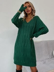 SHEIN Unity Cable Knit Drop Shoulder Jumper Dress Without Belt - Dark Green - View 3