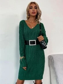SHEIN Unity Cable Knit Drop Shoulder Jumper Dress Without Belt - Dark Green - View 4