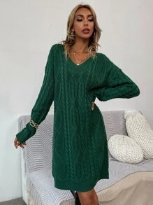 SHEIN Unity Cable Knit Drop Shoulder Jumper Dress Without Belt - Dark Green - View 5