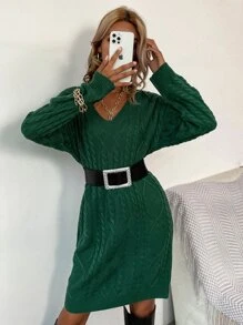 SHEIN Unity Cable Knit Drop Shoulder Jumper Dress Without Belt - Dark Green - View 6