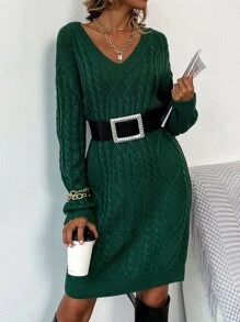 SHEIN Unity Cable Knit Drop Shoulder Jumper Dress Without Belt - Dark Green - View 7
