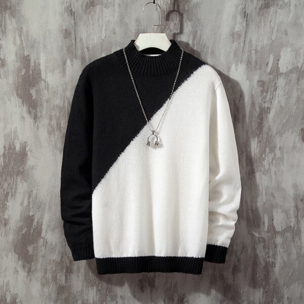 

Men Stand Neck Two Tone Sweater, Black and white