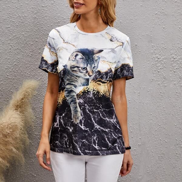 

Cat Print Short Sleeve Tee, Black and white