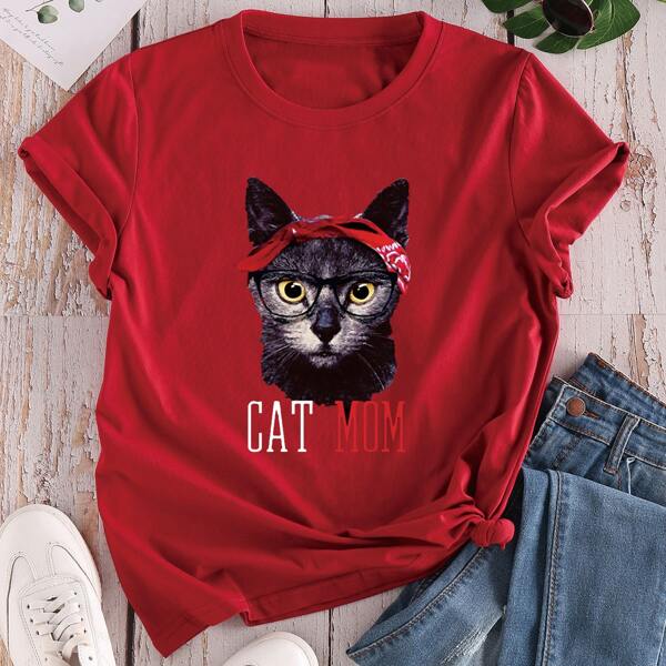

Cat And Letter Graphic Tee, Burgundy
