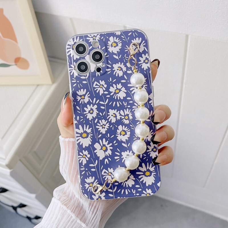 

Floral Phone Case With Faux Pearl Beaded Hand Strap, Multicolor