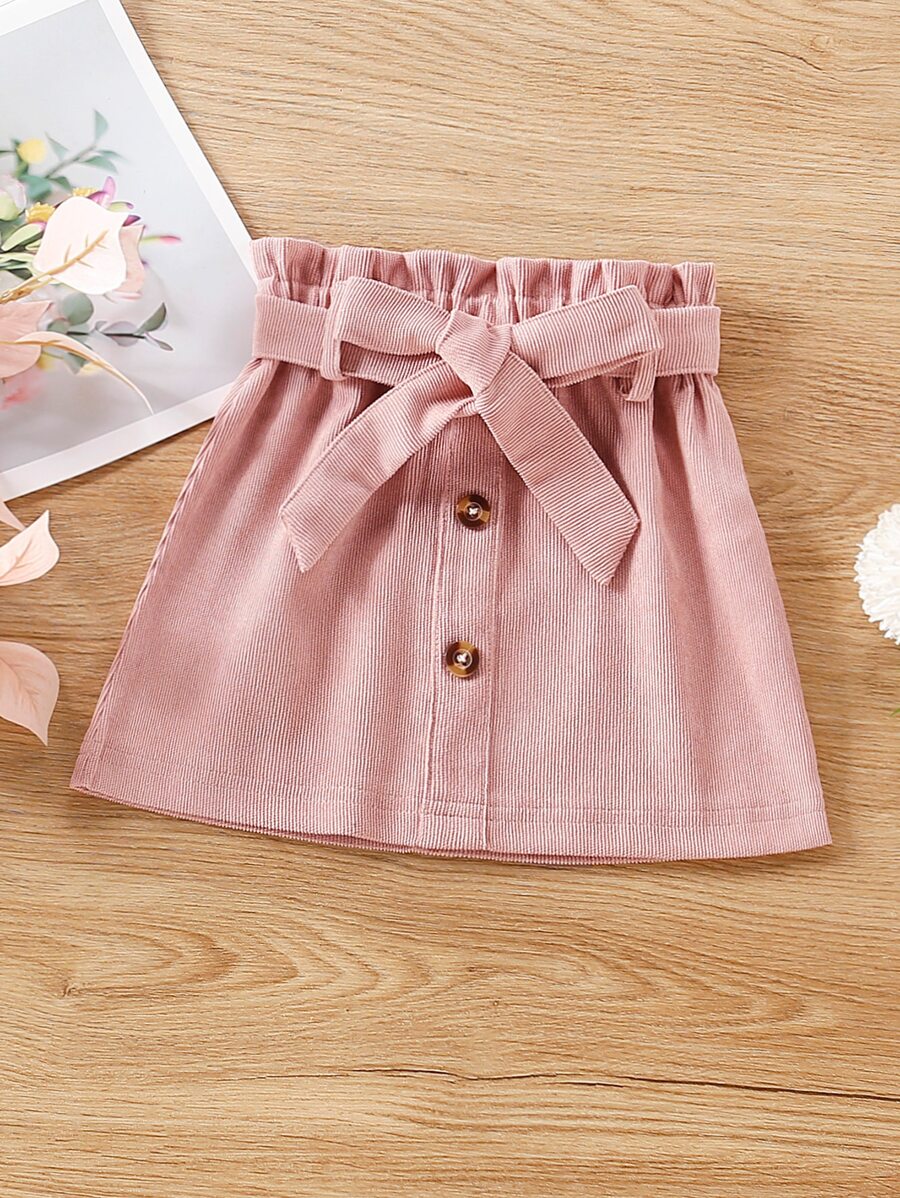 SHEIN Toddler Girls Solid Button Front Belted Skirt - Pink - View 1