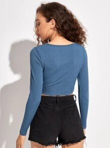 ROMWE 素色鏤空羅紋短款T恤 - 霧霾藍 - 查看 2