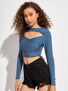 ROMWE 素色鏤空羅紋短款T恤 - 霧霾藍 - 查看 4