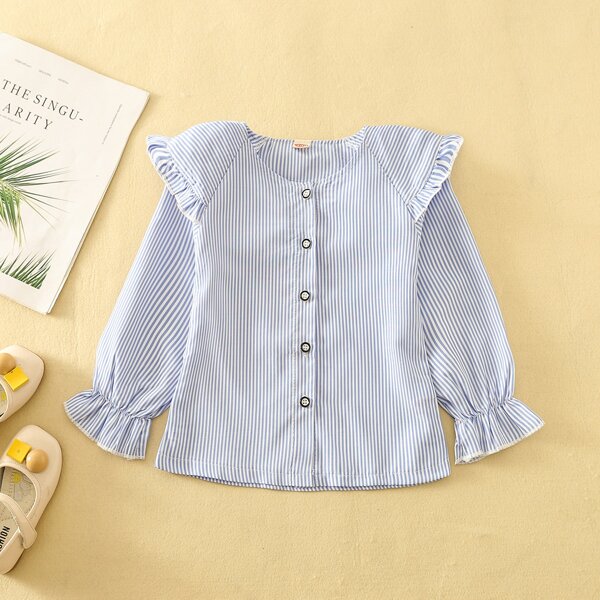 

Toddler Girls Striped Flounce Sleeve Ruffle Trim Blouse, Blue and white