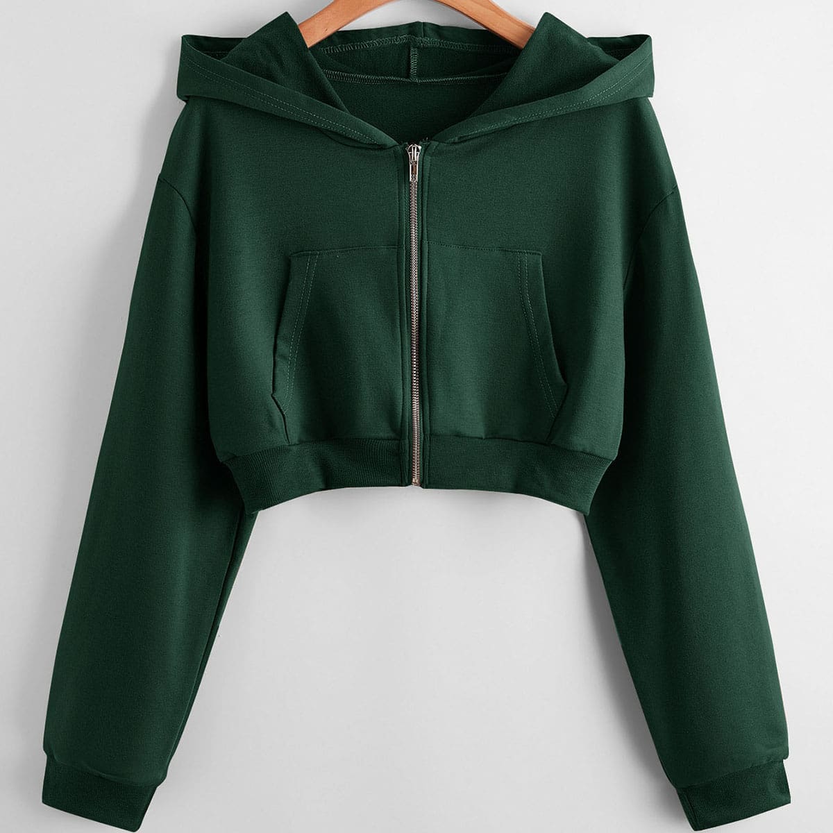 

Solid Zip Up Crop Hoodie, Dark green