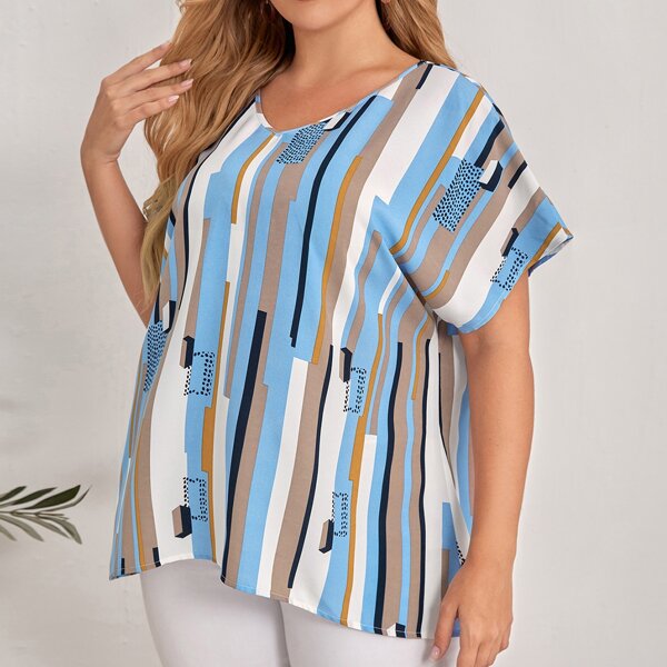 

Plus V-neck Batwing Sleeve Colorblock Top, Multicolor
