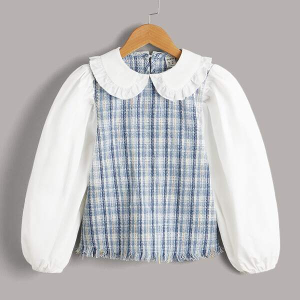 

Girls Plaid Pattern Raw Trim Peter-pan Collar Bishop Sleeve Blouse, Multicolor