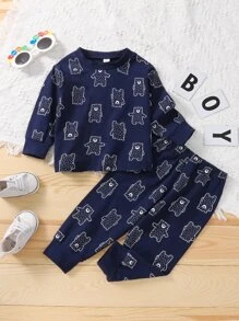 Baby Boy Cartoon Graphic Pullover & Joggers - Navy Blue - View 1