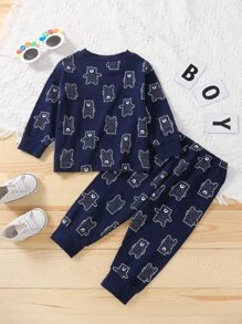 Baby Boy Cartoon Graphic Pullover & Joggers - Navy Blue - View 2