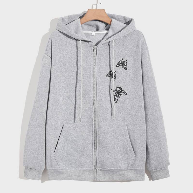 

Guys Butterfly Print Zip Up Kangaroo Pocket Drawstring Hoodie, Light grey