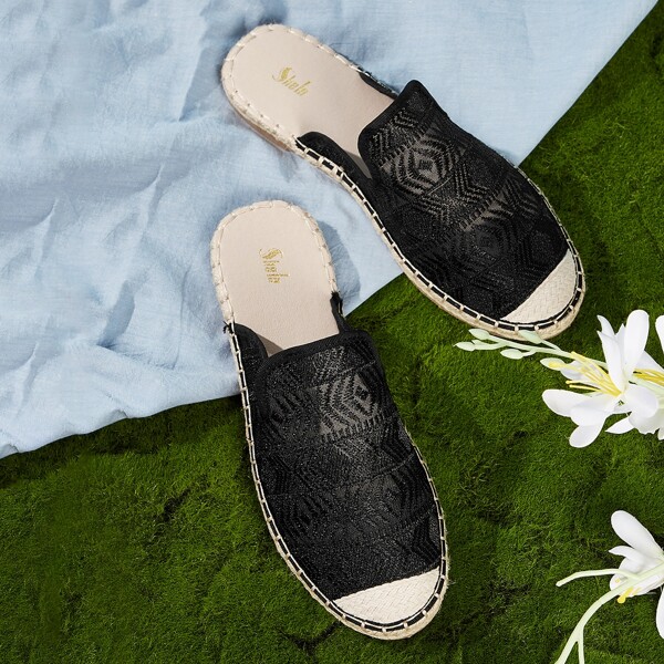 

Two Tone Crochet Pattern Flat Mules, Black