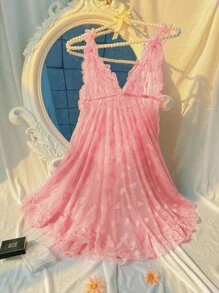 Vestido para dormir transparente con corazón de malla - Rosa - Ver 1