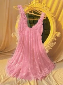 Vestido para dormir transparente con corazón de malla - Rosa - Ver 2