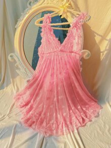 Vestido para dormir transparente con corazón de malla - Rosa - Ver 3