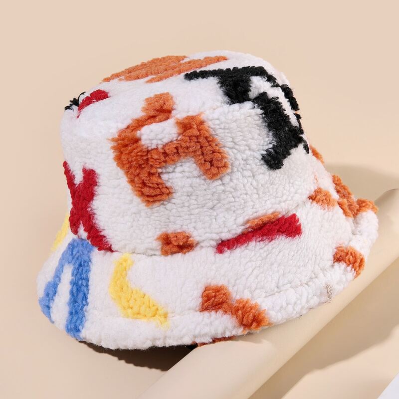 

Fluffy Letter Graphic Bucket Hat, White