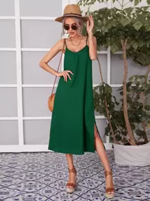 SHEIN VCAY Solid Split Hem Cami Dress - Dark Green - View 1