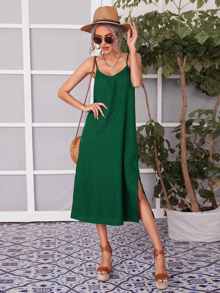 SHEIN VCAY Solid Split Hem Cami Dress - Dark Green - View 1