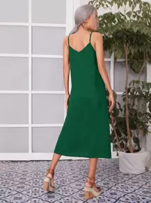 SHEIN VCAY Solid Split Hem Cami Dress - Dark Green - View 2