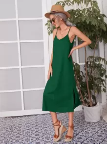 SHEIN VCAY Solid Split Hem Cami Dress - Dark Green - View 4