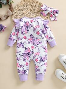 Bebé Jumpsuit floral ribete con fruncido con diadema - Multicolor - Ver 2